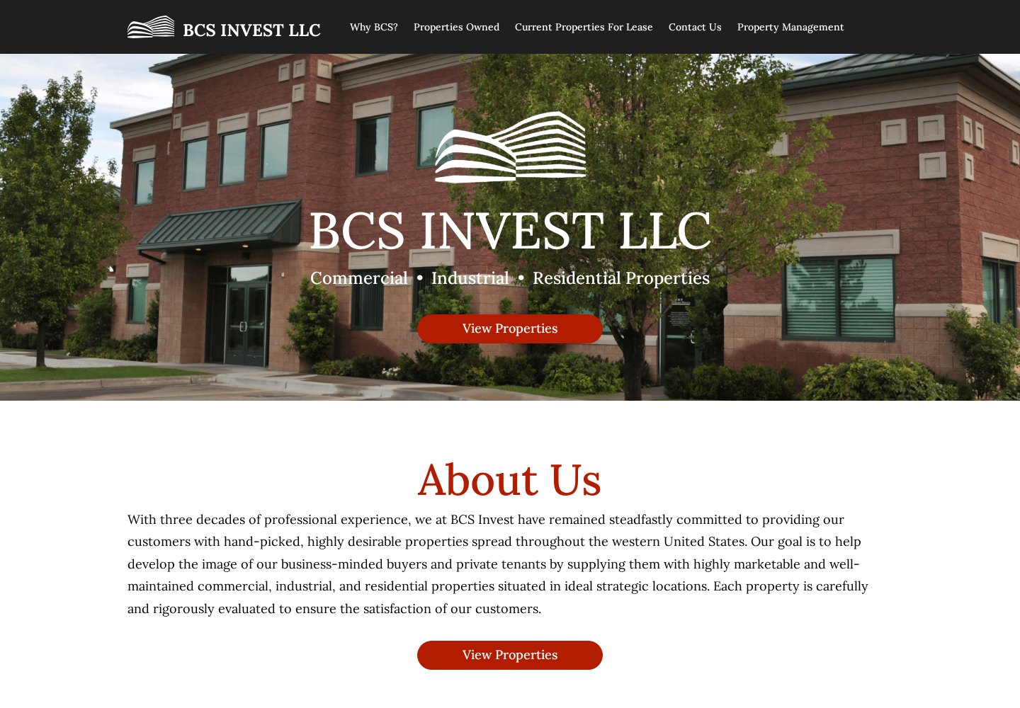 BCS Invest public website homepage showing a commercial property and property-browsing call to action