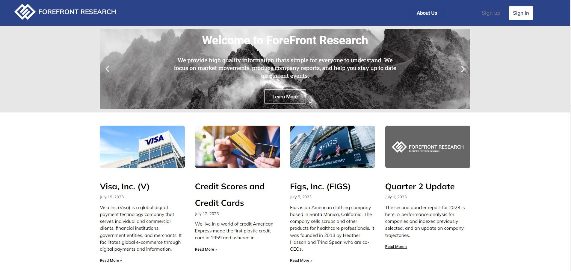Legacy Bright Bridge portfolio screenshot of the Forefront Research website