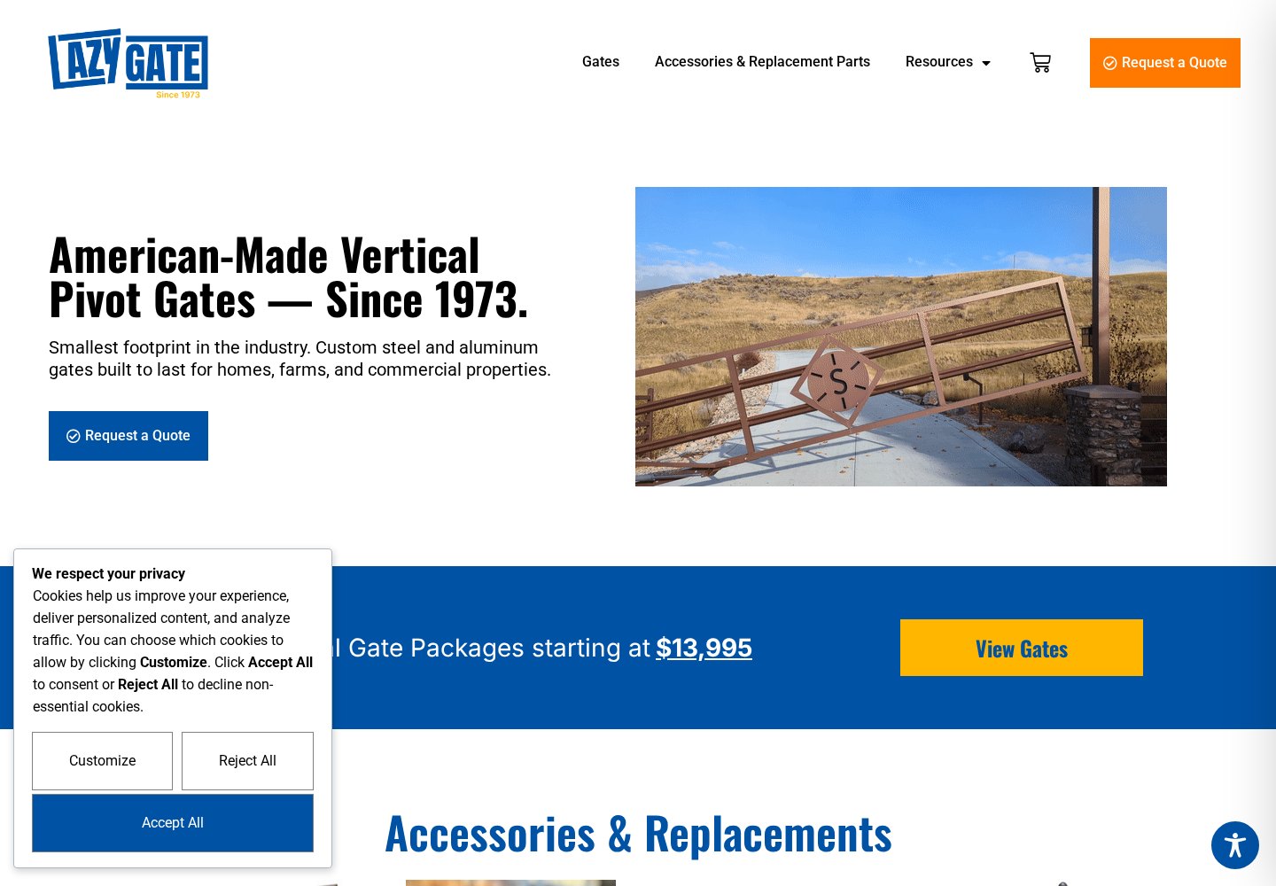 Lazy Gate public website homepage showing an American-made vertical pivot gate