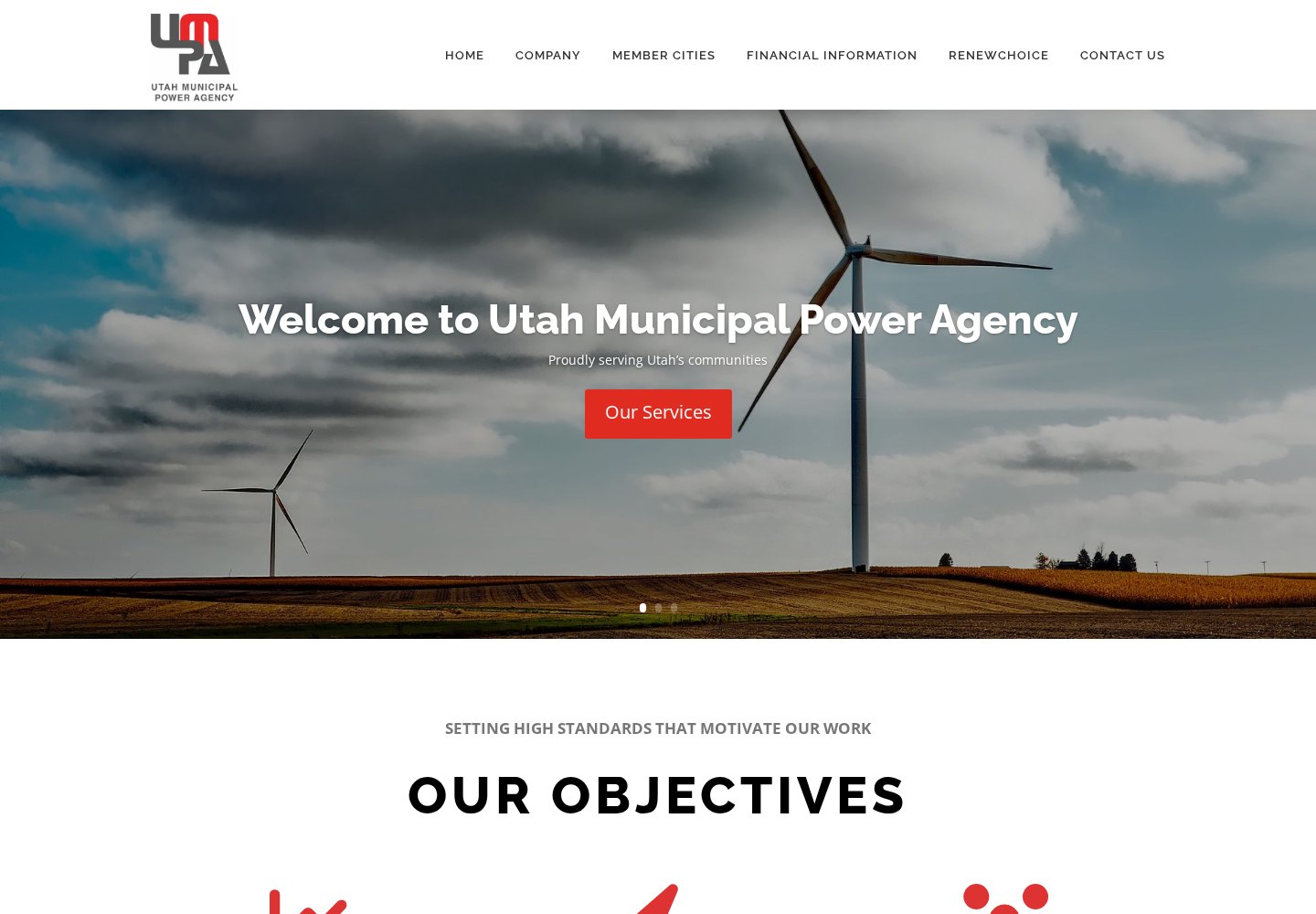 Utah Municipal Power Agency public website homepage with wind turbines and agency navigation